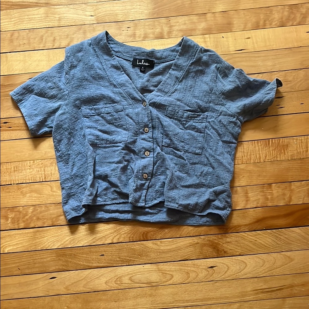 Lulu's Blue Button Down Cropped Top